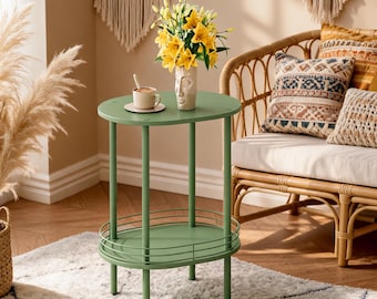 Green Side Table with Storage Shelf | 2-Tier Nightstand for Bedroom | Small Space End Table for Living Room & Nursery