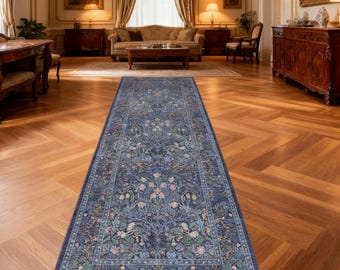 Floral Runner Rug 2x10 | Washable Botanical Persian Hallway Rug | Non-Slip Kitchen Entryway Rug Blue Green Vintage