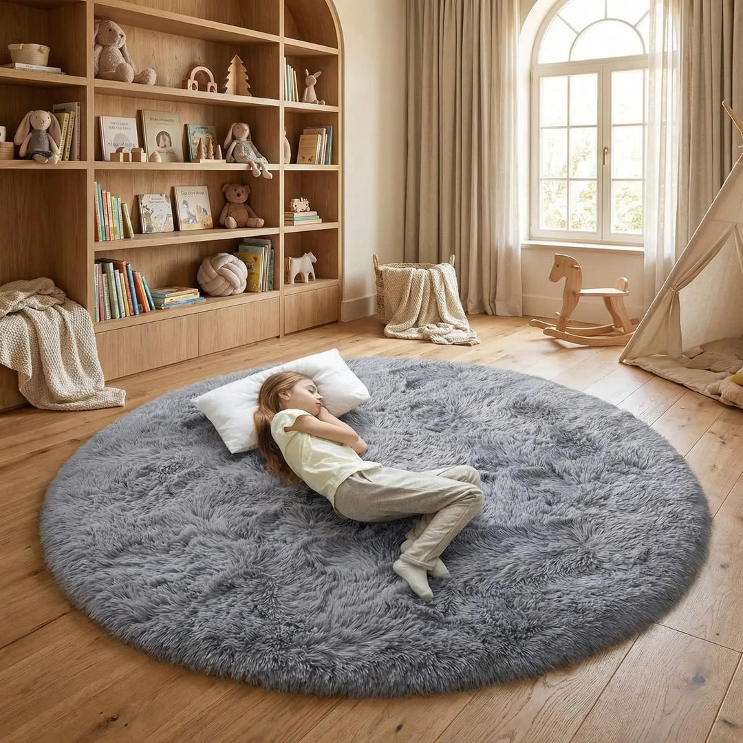Dreamy Grey Round Rug 6ft – Fluffy Plush Shag Carpet for Kids, Girls ...