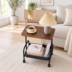 Rolling Side Table with Storage Basket | Walnut Wood Mobile End Table | Sofa Couch Snack Cart | C-Shape Nightstand on Wheels