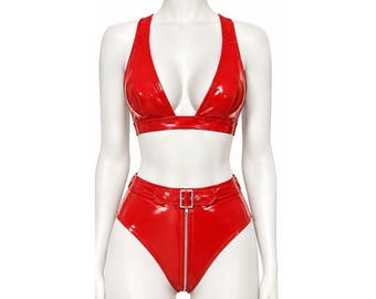 Conjunto de bikini de vinilo rojo, conjunto de dos piezas de talle alto, top halter brillante