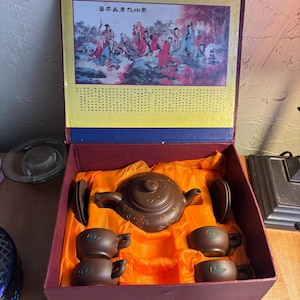 Vintage Yixing Zisha Purple Clay Tea Set - 9 Pieces Marked and Boxed