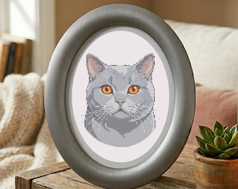 British Shorthair Cat Cross Stitch Pattern - Realistic Grey Cat Embroidery PDF, Minimalist Animal Design, Easy Counted Chart, Pet Lover Gift