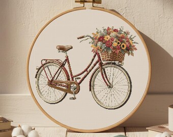 Vintage Bicycle Cross Stitch Pattern: Floral Basket Embroidery, Cottagecore Wall Art (PDF Download)