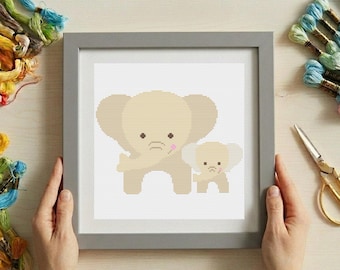 Elephant Family Cross Stitch Pattern - Baby Nursery Animal Embroidery PDF, Mother and Baby Elephant, Safari Kids Room Decor, Counted Chart