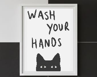 Funny Bathroom Cross Stitch Pattern PDF "Wash Your Hands" Instant Download Humor Cat Embroidery