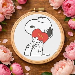 Snoopy Hund Kreuzstich Muster - Süßer Cartoon Hund Stickdatei, Valentinstag Herz Stich, modernes Tier Design, einfache Zählvorlage