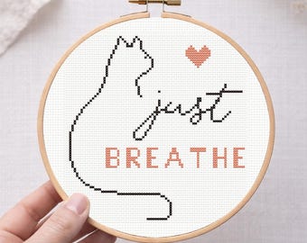 Self Care Quote Cross Stitch Pattern PDF - Just Breathe - Cat Embroidery, Minimalistic Pattern, Easy Counted Chart, Mental Health Chart