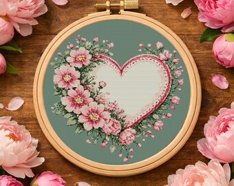 Floral Heart Cross Stitch Pattern PDF Instant Download Romantic Love Flowers Embroidery Design Valentine