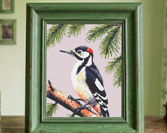 Woodpecker Cross Stitch Pattern - Realistic Forest Bird Embroidery PDF, Wildlife Nature Design, Easy Counted Chart, Woodland Wall Art