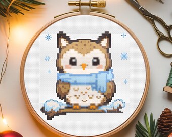 Winter Owl Cross Stitch Pattern, Beginner Embroidery (PDF Download)