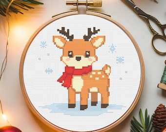 Winter Deer Cross Stitch Pattern, Modern Woodland Animal Design, PDF Embroidery Chart