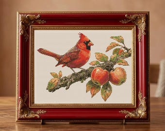 Realistic Cardinal Bird Cross Stitch Pattern, Apple Branch Wildlife Embroidery (PDF Download)
