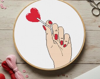Heart Lollipop Cross Stitch Pattern PDF Instant Download Feminine Valentine Love Embroidery
