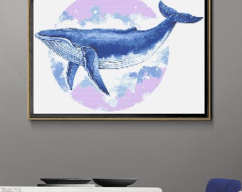 Blue Whale Cross Stitch Pattern PDF Instant Download Ocean Animal Hand Embroidery Chart