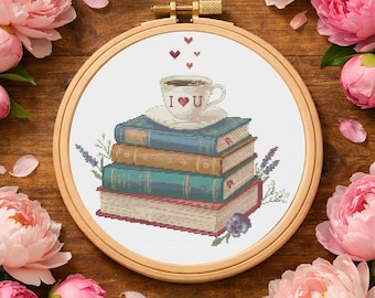 Books & Coffee Cup Cross Stitch Pattern, I Love You Embroidery (PDF Instant Download)