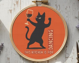 Funny Cat Cross Stitch Pattern PDF Instant Download Kitchen Quote Dancing Wine Design Embroidery
