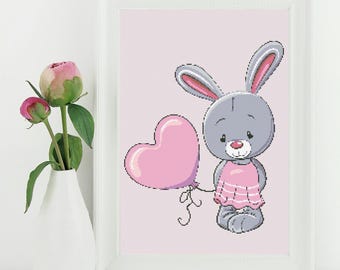 Bunny with Heart Balloon Cross Stitch Pattern – Hand Embroidery Valentine’s Design (PDF Download)