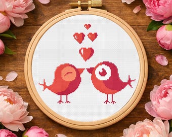 Valentine Cross Stitch Pattern, Love Birds PDF, Romantic Embroidery Design, Kissing Birds with Hearts