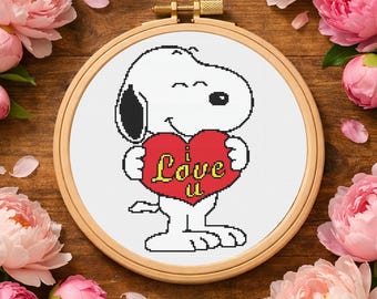 Beagle Dog Cross Stitch Pattern PDF Instant Download Heart I Love You Embroidery Valentine
