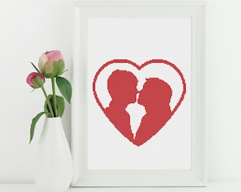 Kissing Couple Heart Cross Stitch Pattern - Romantic Valentine's Design (PDF Download)