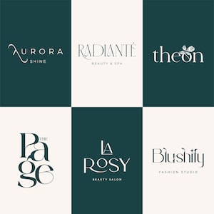 May include: A grid of six logos on a white and teal background. The logos feature elegant typography for businesses like beauty salons and fashion studios. The text includes "Aurora Shine", "Radiante Beauty & Spa", "the on", "The Page", "La Rosy Beauty Salon", and "Blushify Fashion Studio".