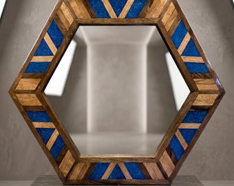 Sechseckiger Harzspiegel, Walnuss-Inlay-Rahmen, Tischplatten-Waschtisch oder Eingangsbereich