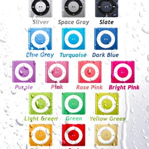 May include: A collection of fifteen square digital music players arranged in a grid, each featuring a circular control pad with play, pause, and skip icons. The devices are displayed in various colors including silver, gray, blue, pink, green, and gold.
