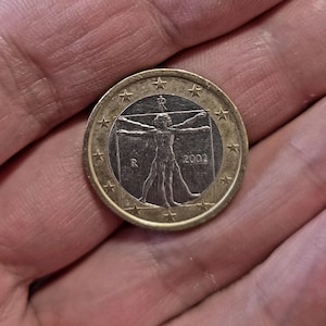 Puede incluir: Una moneda de un euro con el diseño del Hombre de Vitruvio, con el año 2002 visible. La moneda tiene un anillo exterior dorado con estrellas y un centro plateado. La moneda está sostenida en una mano.