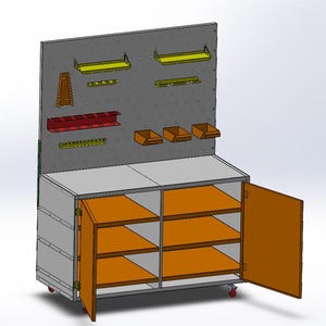 May include: A gray storage cabinet with two open doors revealing orange interior shelves. Above the cabinet is a gray pegboard wall panel featuring various yellow, red, and orange storage attachments, including small bins and tool racks.