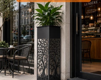 Metal Planter | Laser Cut Planter | Tall Outdoor Garden Planter | Modern Tree Pattern Flower Pot | CNC Sheet Metal Design