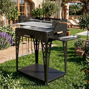May include: A black outdoor grill with a stainless steel grate and a side table. The grill has a geometric leg design and wooden handles. It includes grilling tools and sits on a grassy lawn.