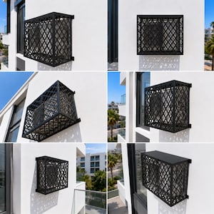 May include: A black metal air conditioner cover featuring a decorative diamond lattice pattern on the front and sides. The rectangular enclosure is mounted to a white exterior wall, providing a protective screen for the unit while allowing airflow.