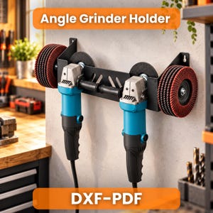 Pode incluir: Um suporte de parede de metal preto para rebarbadoras com duas ranhuras para ferramentas elétricas. O suporte segura duas rebarbadoras azuis com discos de lamelas vermelhos e pretos. O texto Angle Grinder Holder e DXF-PDF é visível.