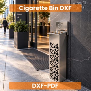 Puede incluir: Un cenicero rectangular de acero inoxidable con un patrón cortado con láser de círculos de varios tamaños en el panel frontal. La parte superior incluye una rejilla metálica. El texto Cigarette Bin DXF y DXF-PDF es visible.