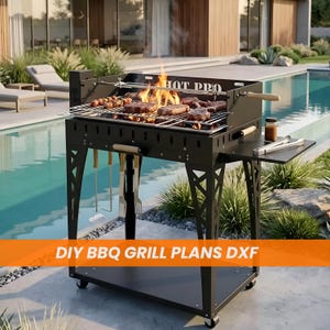 May include: A black metal BBQ grill with a fire burning inside, grilling steaks and other food. The grill has a side table, utensil hooks, and the text "HOT PRO" on the top. The image also includes the text "DIY BBQ GRILL PLANS DXF".
