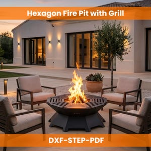 Puede incluir: Un brasero hexagonal negro con una parrilla, rodeado de cuatro sillones. El brasero tiene un fuego encendido en su interior. El texto "Hexagon Fire Pit with Grill" está en la parte superior. El texto "DXF-STEP-PDF" está en la parte inferior.
