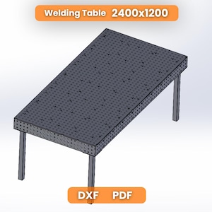 Peut inclure: Une table de soudage rectangulaire gris foncé avec une grille de trous circulaires sur la surface supérieure et les côtés, soutenue par quatre pieds. Le texte Welding Table 2400x1200 est affiché en haut, avec les étiquettes DXF et PDF en bas.
