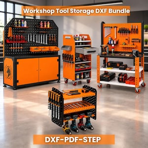 以下が含まれることがあります： Workshop Tool Storage DXF Bundle. オレンジと黒の金属製ワークショップ家具のコレクション。ペグボード付きの大型作業台、引き出し付きの移動式ツールカート、キャスター付き収納ラック、小型ツールオーガナイザーが含まれています。