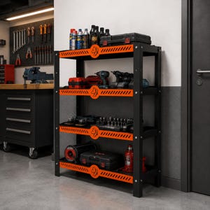 Puede incluir: Una estantería de almacenamiento de metal negro de cuatro niveles, con travesaños frontales de color naranja brillante con un logotipo de cabeza de lobo y ranuras de ventilación diagonales. Los estantes contienen herramientas, cajas y aerosoles.