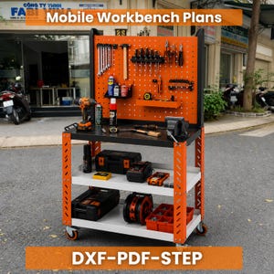 Puede incluir: Un banco de trabajo móvil con panel perforado naranja y marco negro, que incluye varias herramientas manuales, un taladro, un tornillo de banco de metal y dos estantes blancos con maletines negros, un carrete de cable y cajas de plástico rojas.