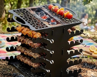 Vertical Charcoal BBQ Grill DXF | Laser Cut Steel Mangal Plans | Cnc Plasma File | Shashlik Skewer Grill DIY | Pdf Step Instant Download