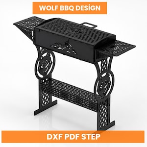 以下が含まれることがあります： オオカミの頭の切り抜きと「WOLF BBQ DESIGN」と「DXF PDF STEP」の文字が入った黒い金属製のバーベキューグリル。グリルには長方形の調理エリア、サイドシェルフ、下部収納棚があります。デザインは山の切り抜きが特徴です。