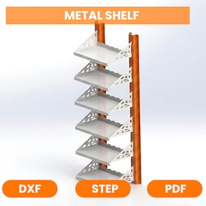 May include: A vertical metal shelf unit with six white rectangular shelves featuring decorative geometric side brackets. The structure is supported by a brown vertical post. The image includes the text METAL SHELF, DXF, STEP, and PDF.