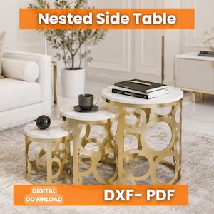 May include: A set of three nested side tables with white marble-patterned circular tops and gold-colored metal bases featuring a repeating open circle design. The tables are arranged in a tiered formation with a dark cup and books on top.
