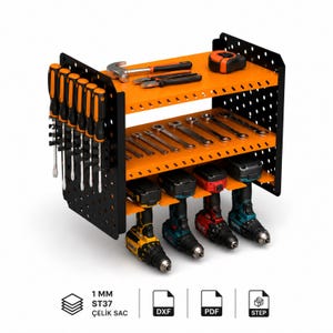 Organizador de herramientas de pared (archivo DXF) / Soporte para taladro inalámbrico / Archivos de corte láser CNC / Estante de almacenamiento para taller / Descarga digital STEP PDF