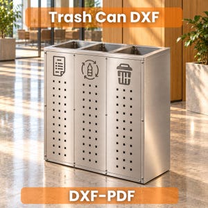 Puede incluir: Una estación de reciclaje metálica rectangular con tres compartimentos, acabado en plata cepillada y patrón de cuadrados perforados. Cada sección muestra un icono negro para papel, botellas de plástico y residuos. Texto: Trash Can DXF y DXF-PDF.