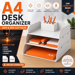 Organiseur de bureau A4 fichier DXF, bac à papier découpé au laser, porte-documents de bureau à 3 niveaux, organisateur de bureau en métal fichier de coupe CNC, téléchargement numérique
