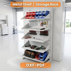 Pode incluir: Uma estante de metal branca com cinco níveis e painel perfurado. A unidade contém caixas de plástico vermelhas e azuis, várias chaves de metal, chaves de fenda, ferramentas elétricas e uma bolsa de ferramentas preta. Texto Metal Shelf / Storage Rack DXF-PDF.