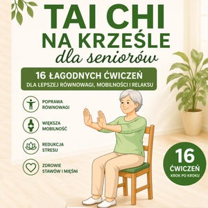 May include: An illustration promoting Tai Chi exercises for seniors. The image features a woman demonstrating a Tai Chi pose while seated on a wooden chair. Text highlights benefits like improved balance, mobility, and stress reduction. The text also mentions 16 gentle exercises.